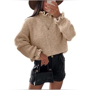Simplee super soft Cream Ruffle Turtleneck Sweater